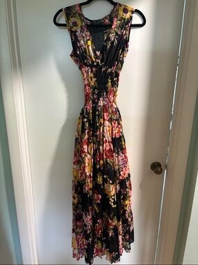 Black Floral Smocked Waist Maxi Dress